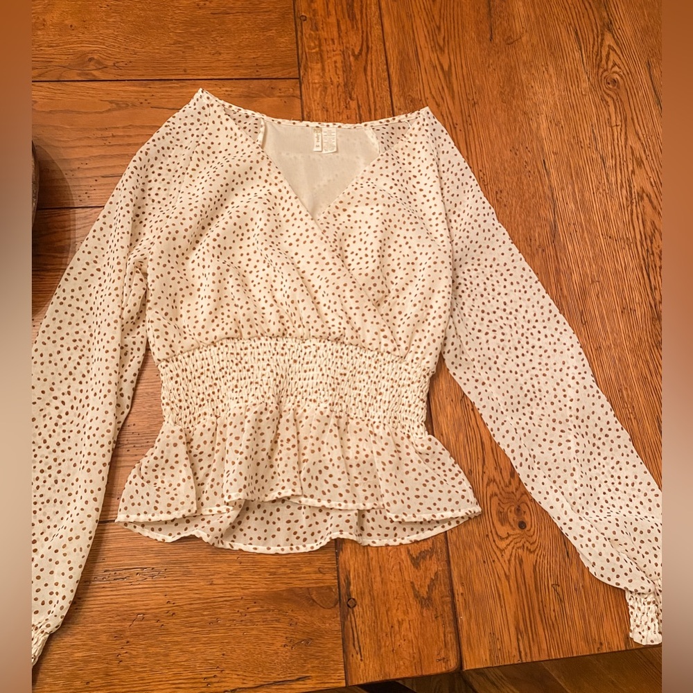 Spotted cream and brown long sleeve boutique top